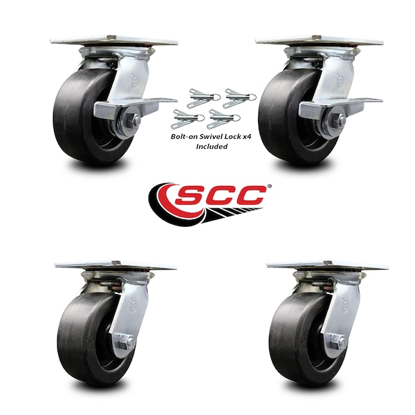 Service Caster 5 Inch Polyolefin Caster Set with Roller Bearing 4 Swivel Lock and 2 Brake SCC SCC-35S520-POR-SLB-BSL-2-BSL-2 - main